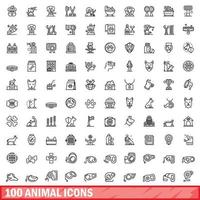 100 animal icons set, outline style vector