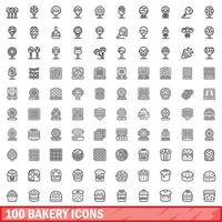 100 iconos de panadería, estilo de esquema vector