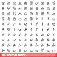 100 iconos de animales, estilo de esquema vector