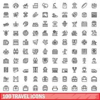 100 travel icons set, outline style vector