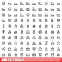 100 iconos de asia, estilo de esquema vector