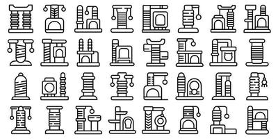 Cats scratching post icons set outline vector. Tree tower