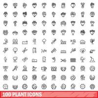 100 iconos de plantas, estilo de esquema vector