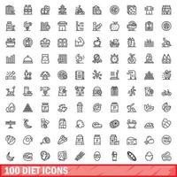 100 diet icons set, outline style vector