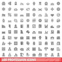 100 profession icons set, outline style vector