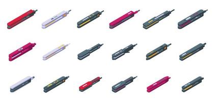 Hair straightener icons set isometric vector. Salon iron vector