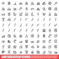 100 iconos de desastres establecidos, estilo de esquema vector