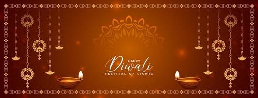 hermosa pancarta de saludo del festival feliz diwali con diseño de lámparas colgantes vector