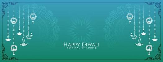 banner del festival indio feliz diwali con lámparas colgantes decorativas vector