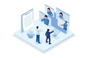 People Character working Remote at Home and using Laptop for Video Meeting with Colleagues. Online Discussion and Business Video Conference Concept, isometric vector modern illustration