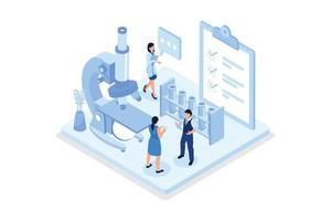 Doctor Scientist in Medical Laboratory Analyzing Blood Samples. Blood Test and Laboratory Research Concept, isometric vector modern illustration