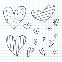 Big set of cute hand-drawn doodle elements about love. Message stickers for apps. Icons for Valentines Day, romantic events and wedding. A checkered notebook. Hearts with stripes and texture. vector