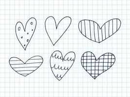 Big set of cute hand-drawn doodle elements about love. Message stickers for apps. Icons for Valentines Day, romantic events and wedding. A checkered notebook. Hearts with stripes and texture. vector