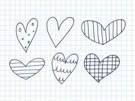 Big set of cute hand-drawn doodle elements about love. Message stickers for apps. Icons for Valentines Day, romantic events and wedding. A checkered notebook. Hearts with stripes and texture. vector