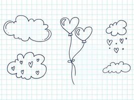 Set of cute hand-drawn doodle elements about love. Message stickers for apps. Icons for Valentines Day, romantic events and wedding. A checkered notebook. Balloons in the sky with clouds. vector