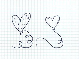 Set of cute hand-drawn doodle elements about love. Message stickers for apps. Icons for Valentines Day, romantic events and wedding. A checkered notebook. Balloons in the shape of hearts are flying. vector