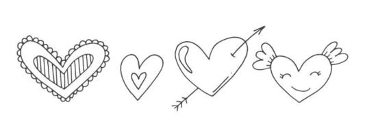 Big set of cute hand-drawn doodle elements about love. Message stickers for apps. Icons for Valentines Day, romantic events and wedding. Hearts with stripes, texture, with wings and Cupids arrows. vector