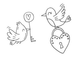 Set of cute hand-drawn doodle elements about love. Message stickers for apps. Icons for Valentines Day, romantic events and wedding. Two birds with a lock and a key in the shape of a heart. vector