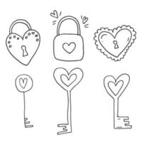 Set of cute hand-drawn doodle elements about love. Message stickers for apps. Icons for Valentines Day, romantic events and wedding. Heart-shaped locks and keys. vector