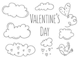 Set of cute hand-drawn doodle elements about love. Message stickers for apps. Icons for Valentines Day, romantic events and wedding. A bird with a balloon in the sky with clouds. vector