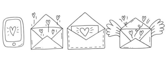 Set of cute hand-drawn doodle elements about love. Message stickers for apps. Icons for Valentines Day, romantic events and wedding. Envelopes with letters and wings and phone with message and heart. vector