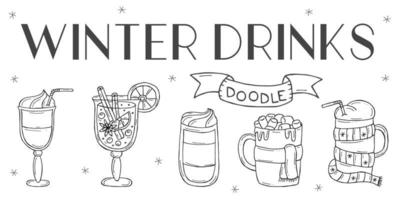 Set of a warming winter drinks on a white background. Vector illustration in doodle style. Winter mood. Hello 2023. Merry Christmas and Happy New Year.