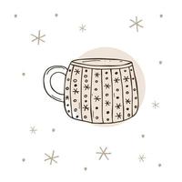 Cup of tea or coffee with a snowflakes on a white and brown background. Vector illustration in doodle style. Winter mood. Hello 2023. Merry Christmas and Happy New Year.