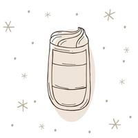 Glass of cappuccino or latte with a snowflakes on a white and brown background. Vector illustration in doodle style. Winter mood. Hello 2023. Merry Christmas and Happy New Year.