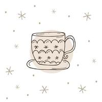 Cup of tea or coffee with a snowflakes on a white and brown background. Vector illustration in doodle style. Winter mood. Hello 2023. Merry Christmas and Happy New Year.