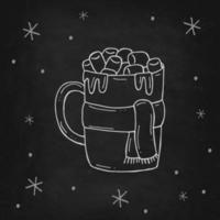 Hot chocolate in cup with scarf. Warm cocoa with marshmallows with a snowflakes on black chalk board. Vector illustration in doodle style. Winter mood. Hello 2023. Merry Christmas and Happy New Year.