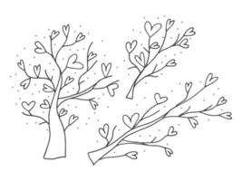 Set of cute hand-drawn doodle elements about love. Message stickers for apps. Icons for Valentines Day, romantic events and wedding. Love trees and branches with hearts. vector