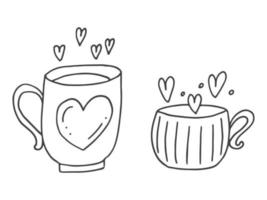 Set of cute hand-drawn doodle elements about love. Message stickers for apps. Icons for Valentines Day, romantic events and wedding. Cups with a love drink and hearts. vector