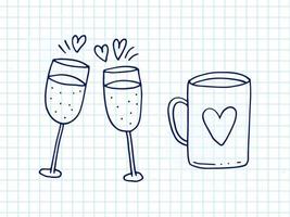 Set of cute hand-drawn doodle elements about love. Message stickers for apps. Icons for Valentines Day, romantic events and wedding. Checkered notebook. Cups with love drink and hearts and champagne. vector