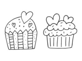 Set of cute hand-drawn doodle elements about love. Message stickers for apps. Icons for Valentines Day, romantic events and wedding. Cupcakes with hearts. vector