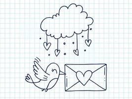 Set of cute hand-drawn doodle elements about love. Message stickers for apps. Icons for Valentines Day, romantic events and wedding. Checkered notebook. A bird with envelope and love letter in cloud. vector