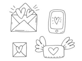 Set of cute hand-drawn doodle elements about love. Message stickers for apps. Icons for Valentines Day, romantic events and wedding. Envelopes with letters and wings and phone with message and heart. vector