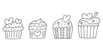 Set of cute hand-drawn doodle elements about love. Message stickers for apps. Icons for Valentines Day, romantic events and wedding. Cupcakes with hearts. vector