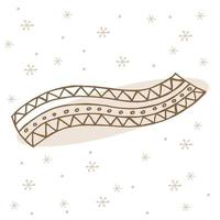 A hand-drawn winter clothing. Vector illustration in doodle style. Winter mood. Hello 2023. Merry Christmas and Happy New Year. Brown scarf with ornament on a white background with snowflakes.