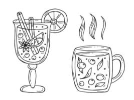 Set of a warming winter drinks on a white background. Vector illustration in doodle style. Winter mood. Hello 2023. Merry Christmas and Happy New Year.