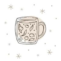 Cup of berry tea with a snowflakes on a white and brown background. Vector illustration in doodle style. Winter mood. Hello 2023. Merry Christmas and Happy New Year.