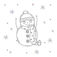 Cute snowman with purple and pink snowflakes on a white background. Vector illustration in doodle style. Winter mood. Hello 2023. Merry Christmas and Happy New Year.