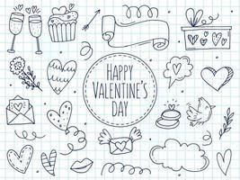 Big set of cute hand-drawn doodle elements about love. Message stickers for apps. Icons for Valentines Day, romantic events and wedding. A checkered notebook. vector