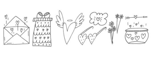 Big set of cute hand-drawn doodle elements about love. Message stickers for apps. Icons for Valentines Day, romantic events and wedding. vector