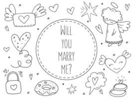 Big set of cute hand-drawn doodle elements about love. Message stickers for apps. Icons for Valentines Day, romantic events and wedding. vector