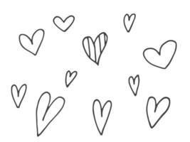 Big set of cute hand-drawn doodle elements about love. Message stickers for apps. Icons for Valentines Day, romantic events and wedding. Hearts with stripes and texture. vector