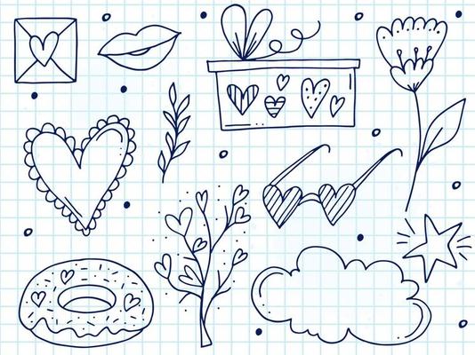 Big set of cute hand-drawn doodle elements about love. Message stickers for apps. Icons for Valentines Day, romantic events and wedding. A checkered notebook.