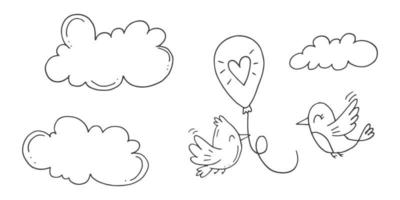 Set of cute hand-drawn doodle elements about love. Message stickers for apps. Icons for Valentines Day, romantic events and wedding. A bird with a balloon in the sky with clouds. vector