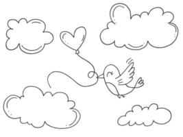 Set of cute hand-drawn doodle elements about love. Message stickers for apps. Icons for Valentines Day, romantic events and wedding. A bird with a balloon in the sky with clouds. vector