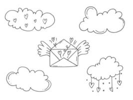 Set of cute hand-drawn doodle elements about love. Message stickers for apps. Icons for Valentines Day, romantic events and wedding. A love letter in an envelope with a heart in the sky with clouds. vector