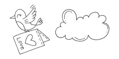 Set of cute hand-drawn doodle elements about love. Message stickers for apps. Icons for Valentines Day, romantic events and wedding. A bird with an envelope and a heart and a love letter with cloud. vector